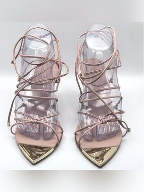 Schutz Hana Mid Sweet Rose Pink Leather Lace Up Gold Tip Pointed Toe Heels 7.5B